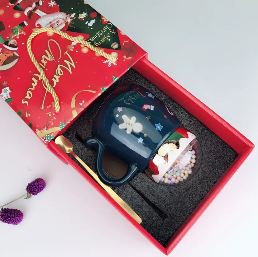 Flag Village Christmas Mugs Set With Lid And Spoon Xmas Gift Box Set Ceramic Cartoon Couples Santa Claus Milk Cocoa Cup For Home Office