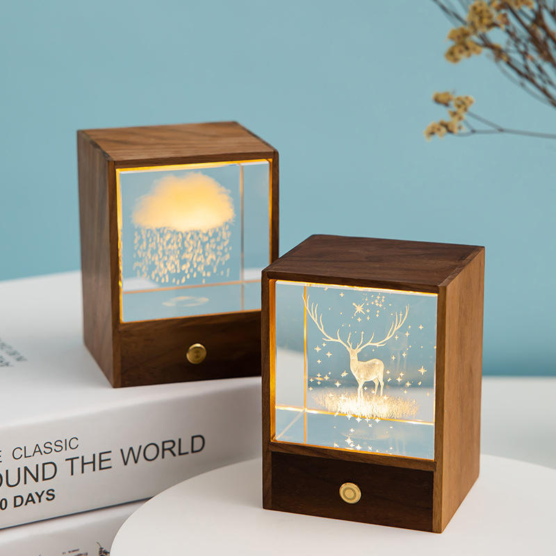 Flag Village Wooden Box Square Crystal Ball Elk Cloud Night Light Christmas Birthday Gift
