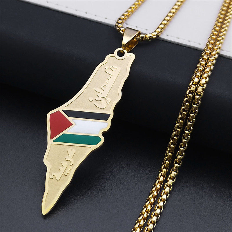 Flag Village Palestine Israel Map Pendant Necklaces For Men Women Stainless Steel Gold Color Palestinians Ethnic Map Jewelry Gifts