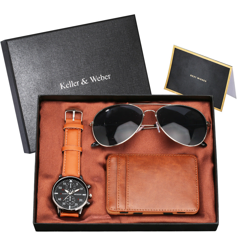 Flag Village New Men's Quartz Watch Set Glasses Wallet Gift Set Box