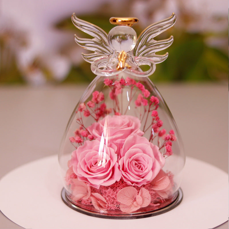 Flag Village Eternal Flower Gift Box Angel Glass Cover Dried Rose Gift Box For Christmas New Year Valentine's Day Home Decor