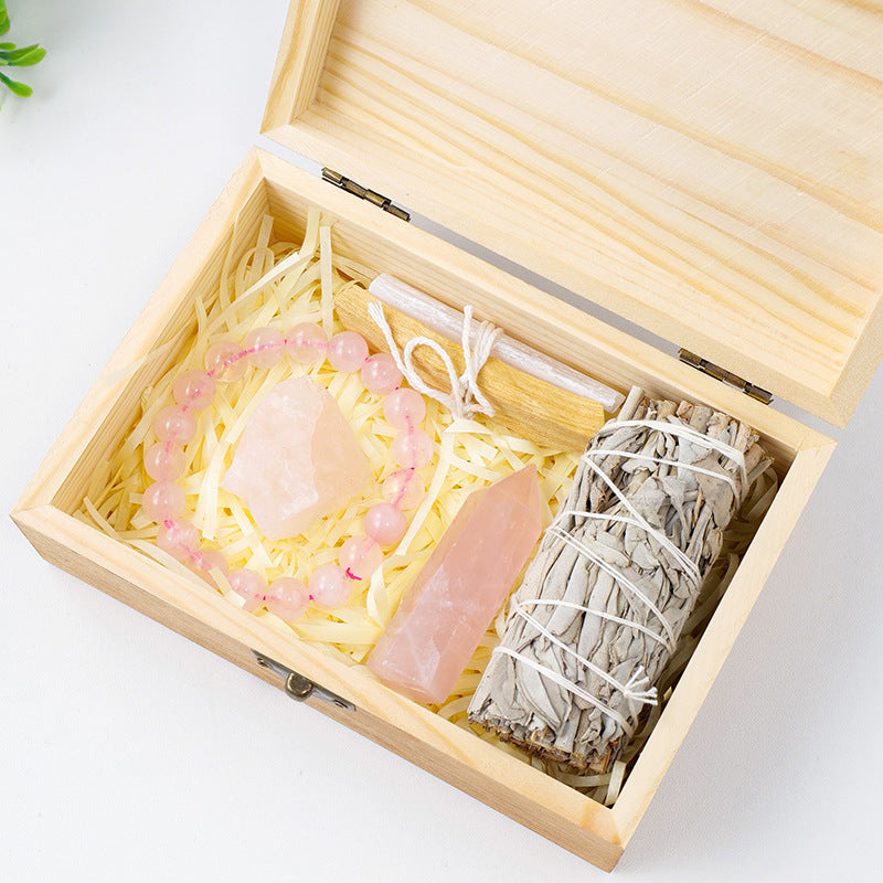 Flag Village Natural Crystal Amethyst Wooden Box Set Gift Box