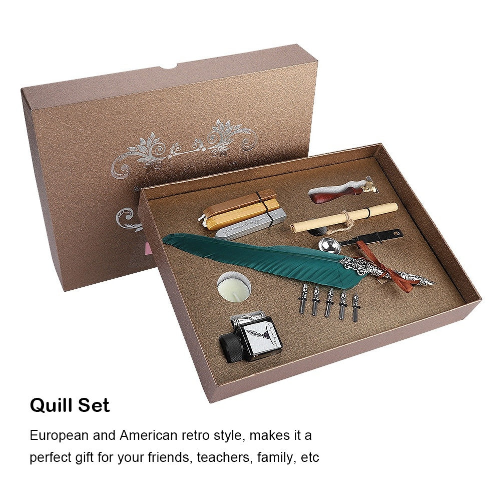 Retro Quill Feather Writing Pen Gift Box with Empty Ink Bottle Quill Set for Teacher Ink Green