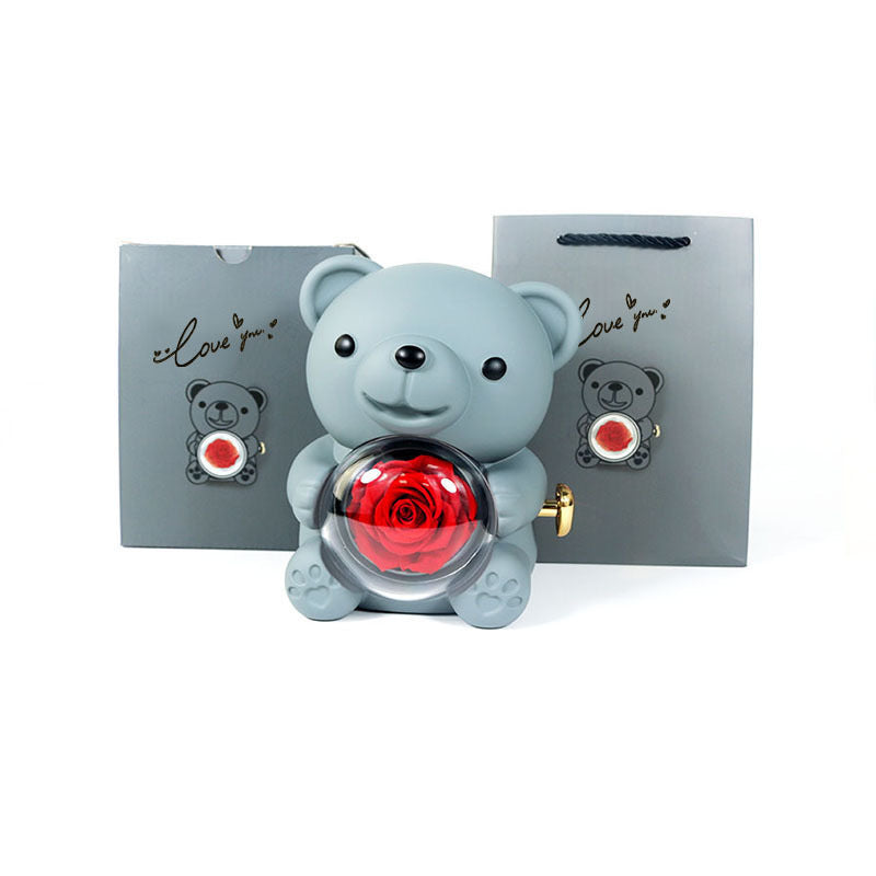 Flag Village Eternal Rose Teddy Bear Gifts Box With Necklace Rotate Rose Jewelry Box Valentine Wedding Storage Gift Case For Women Girlfriend