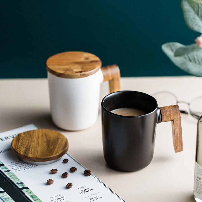 Flag Village Creative Office Nordic Mug Wooden Handle With Lid Couple Water Cup Gift Box Set Retro Ceramic Mug
