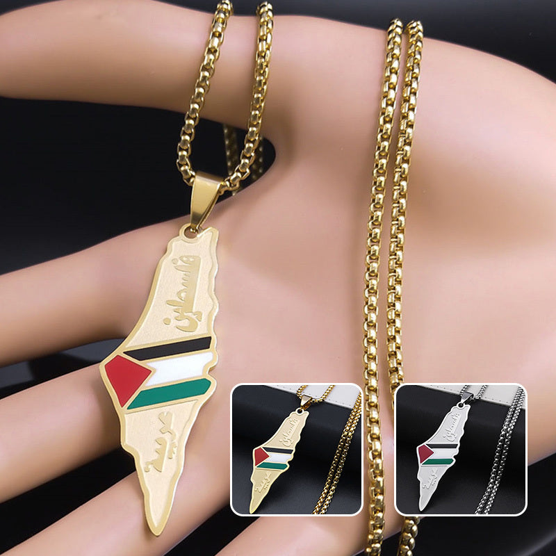 Flag Village Palestine Israel Map Pendant Necklaces For Men Women Stainless Steel Gold Color Palestinians Ethnic Map Jewelry Gifts