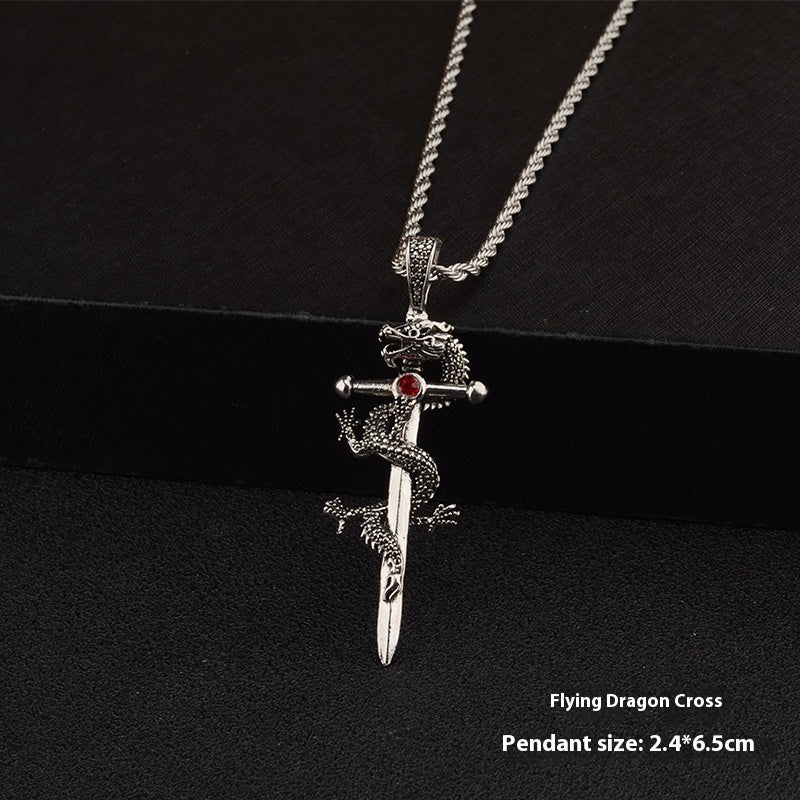 Flag Village Fashion Jewelry Dragon Sword Pendant Necklace Paved Black Color Jewelry For Men Boy Christmas Gifts