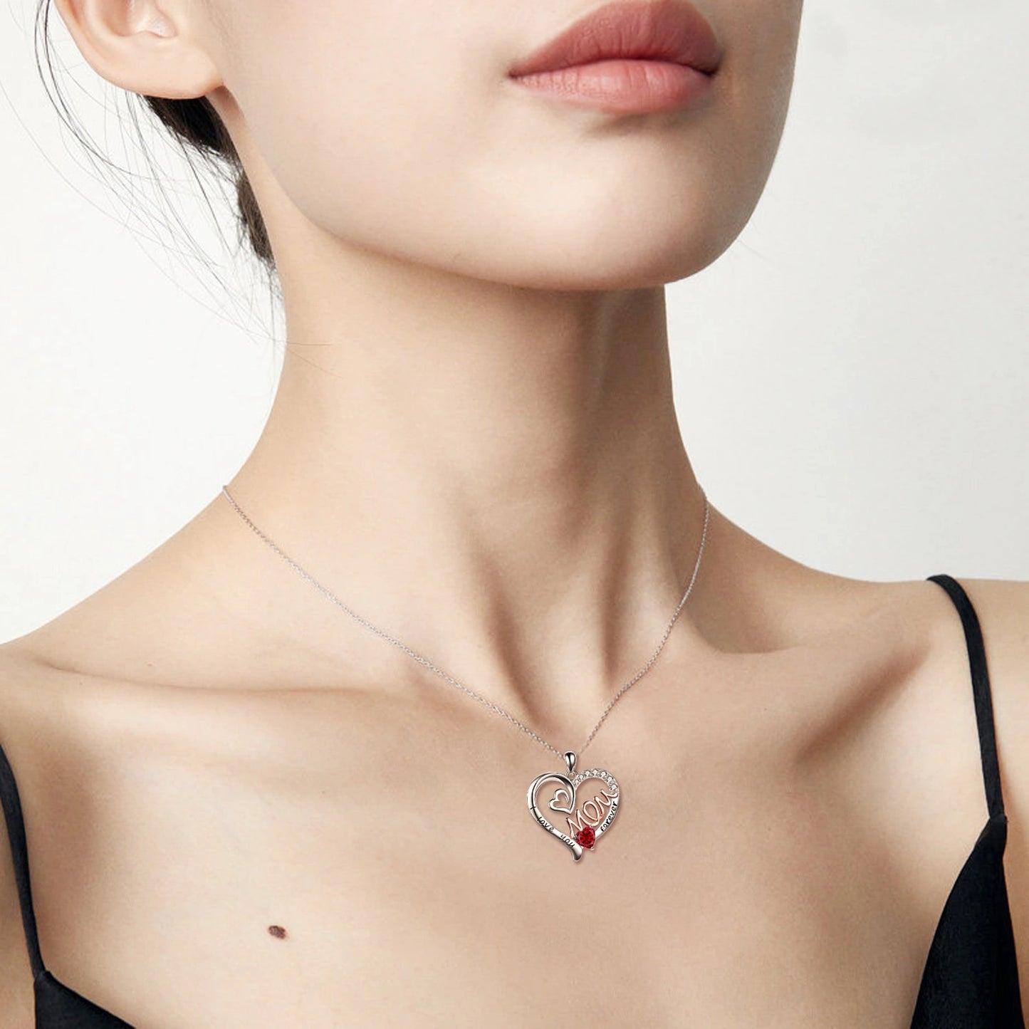 Flag Village Mom Necklace S925 Sterling Silver Heart CZ Pink Stone Love Mum Pendant Birthstone Jewelry for Women Mother Gifts