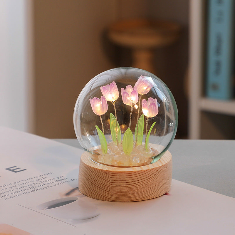 Flag Village Artificial Tulip Flower Night Light Ornaments Handmade DIY Bedside Lamp LED Night Lamp Bedroom Decor Birthday Gifts Table Lamp