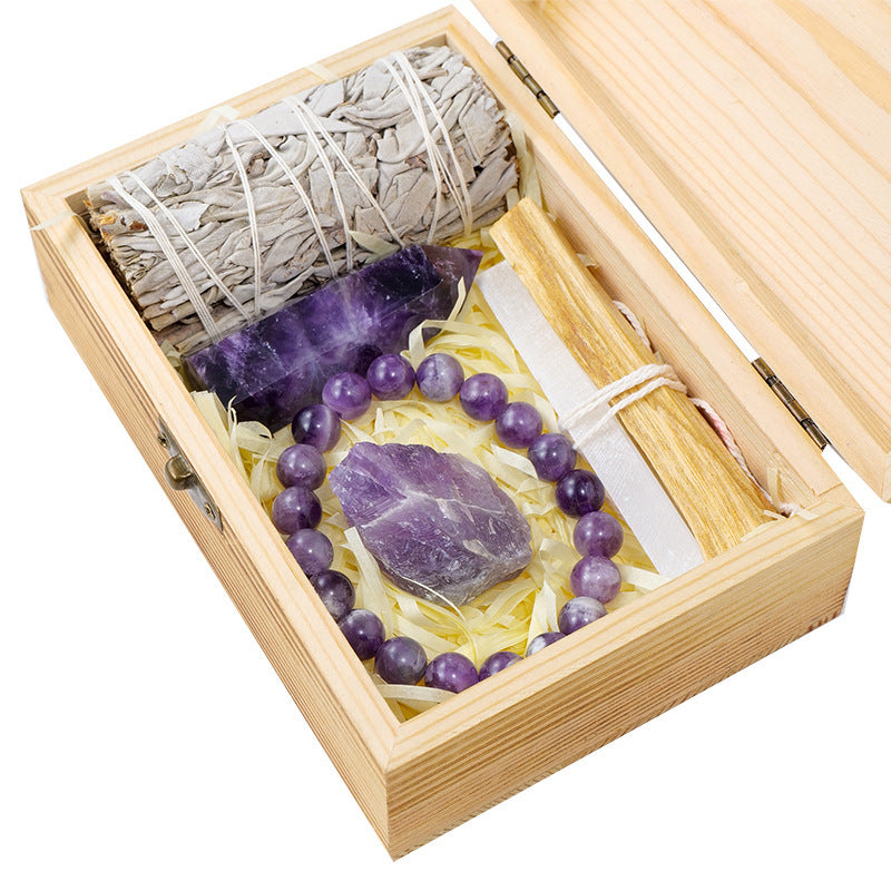 Flag Village Natural Crystal Amethyst Wooden Box Set Gift Box