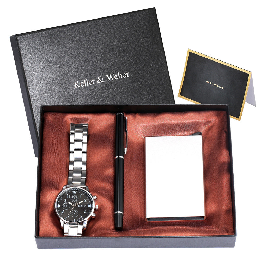 Flag Village Men's Quartz Watch Credit Card Case Gel Pen Set Fashion Gift Set Box