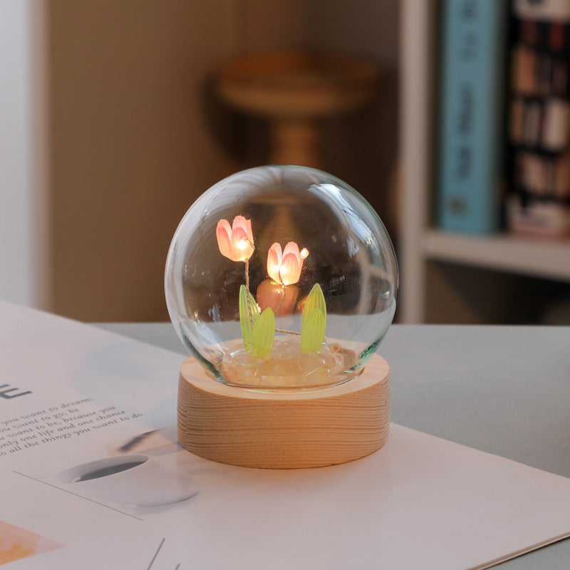 Flag Village Artificial Tulip Flower Night Light Ornaments Handmade DIY Bedside Lamp LED Night Lamp Bedroom Decor Birthday Gifts Table Lamp