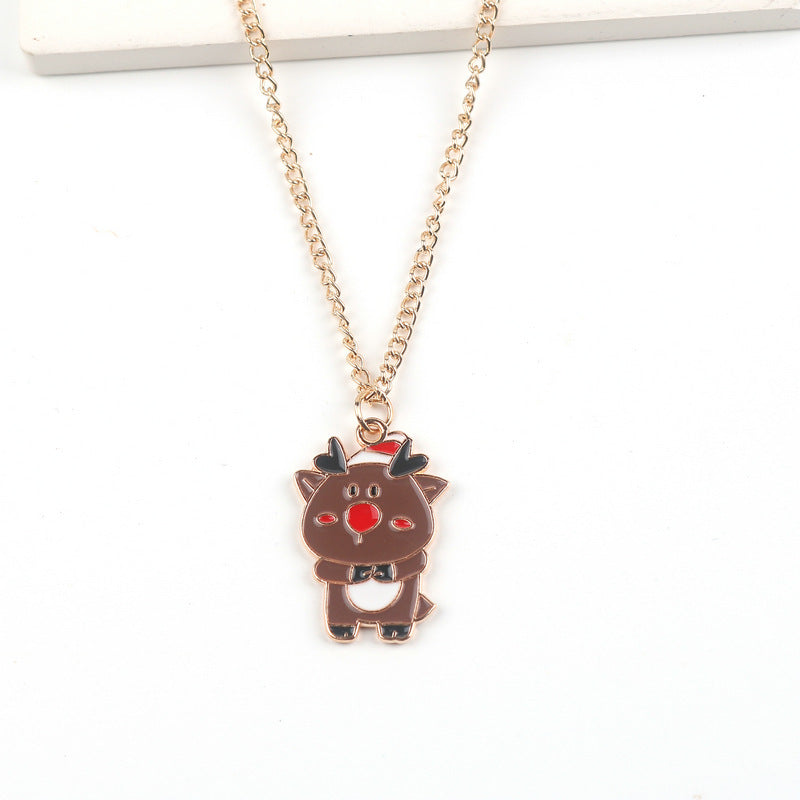 Flag Village Christmas Necklace Cute Cartoon Santa Claus Snowman Elk Pendant Necklace Xmas New Year Festival Ear Jewelry Gifts