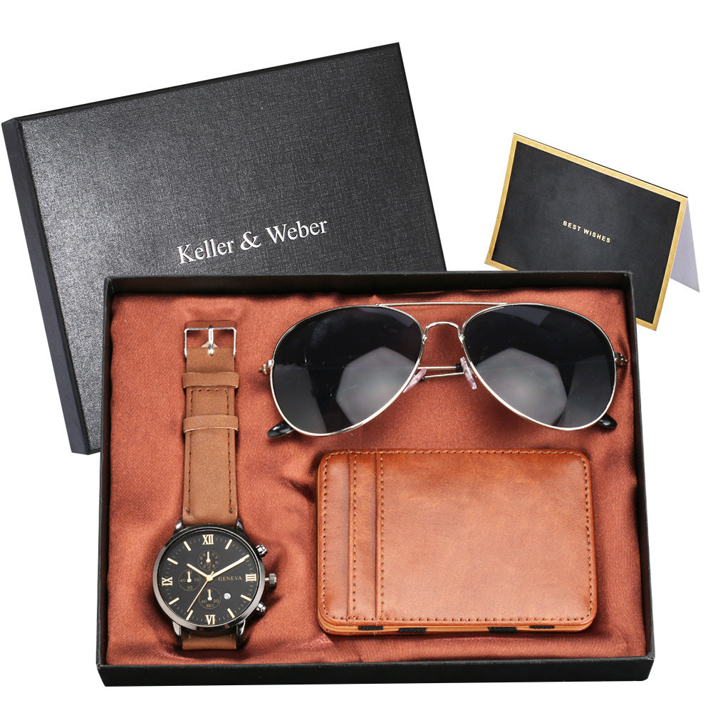 Flag Village New Men's Quartz Watch Set Glasses Wallet Gift Set Box