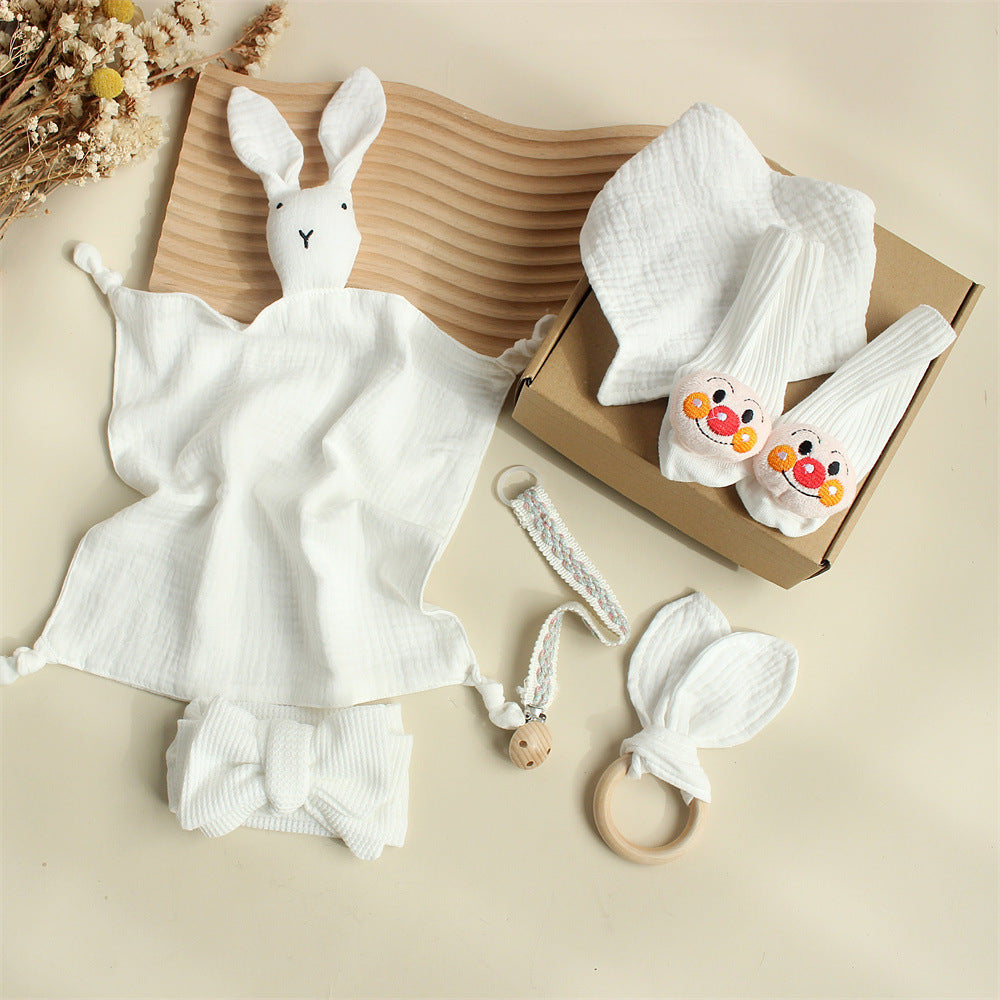 Flag Village Baby Rabbit Lion Appeasing Towel Socks Saliva Towel Wash Gift Box Newborn Bite Ring Hair Band Set
