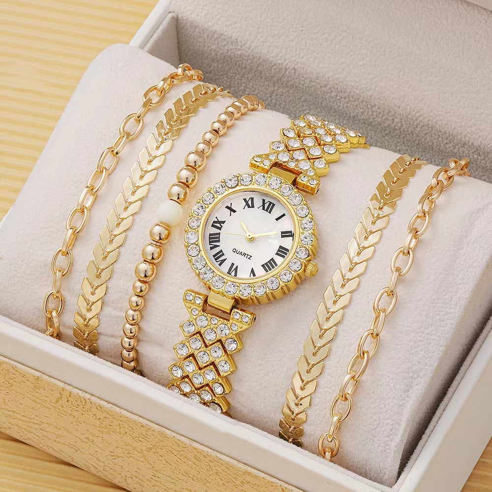 Flag Village Diamond Women's Bracelet Watch Luxury Fashion Gift Box Watch Bracelet Six-piece Set