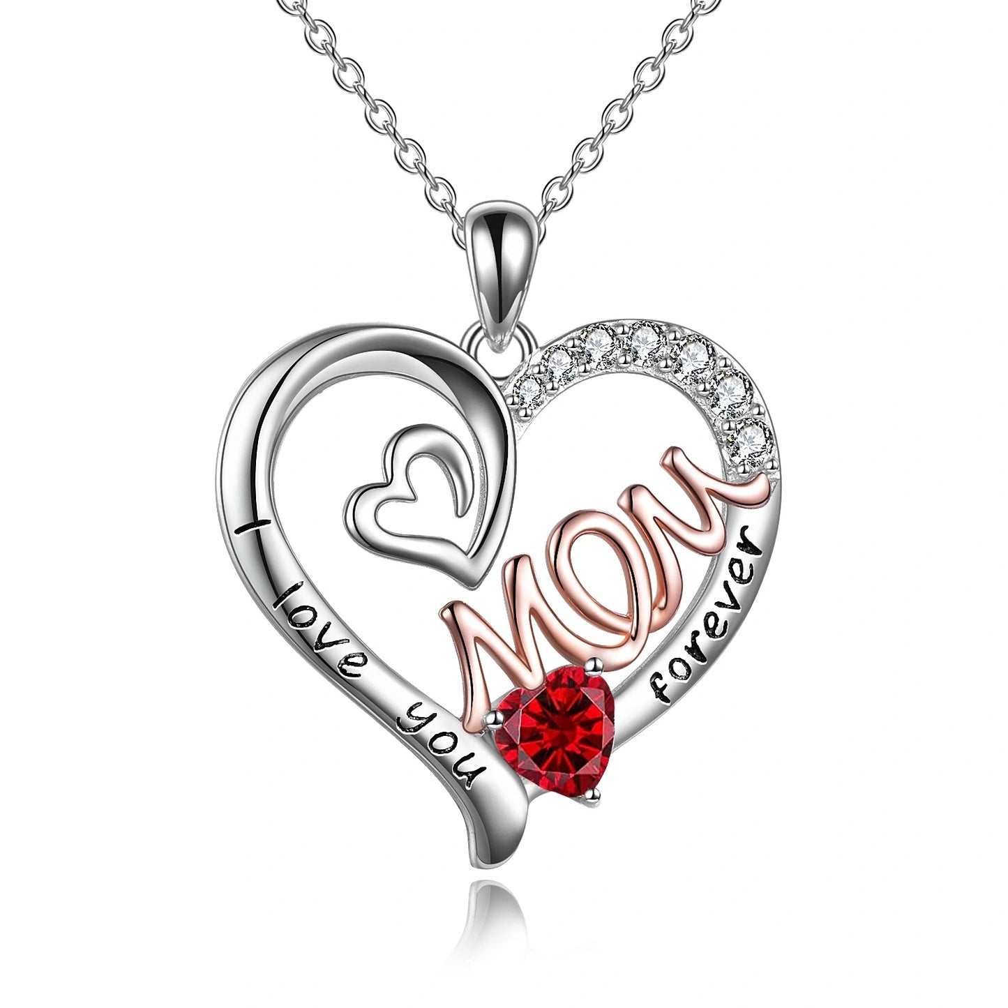 Flag Village Mom Necklace S925 Sterling Silver Heart CZ Pink Stone Love Mum Pendant Birthstone Jewelry for Women Mother Gifts