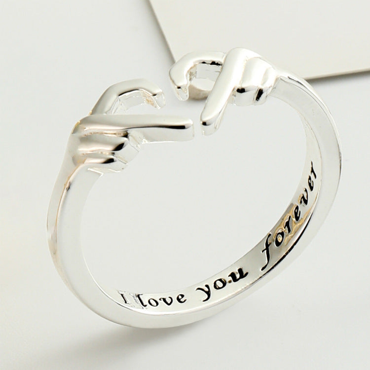 Flag Village Romantic Heart Hand Hug Fashion Ring For Women Couple Jewelry Silver Color Punk Gesture Wedding Men Finger Accessories Gifts