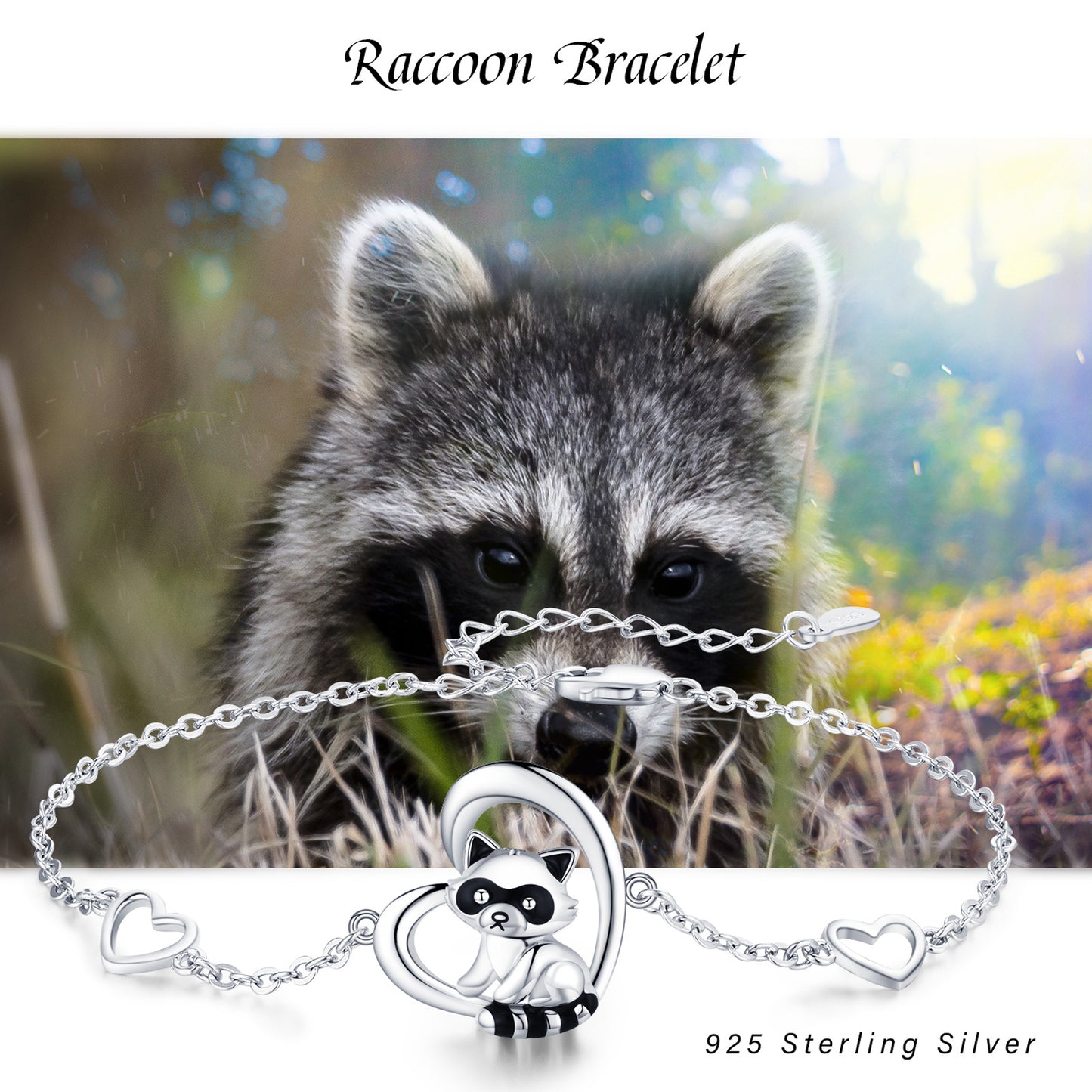 Flag Village 925 Sterling Silver Heart Charm Raccoon Bracelet Animal Jewelry Gifts For Women Girls Teen