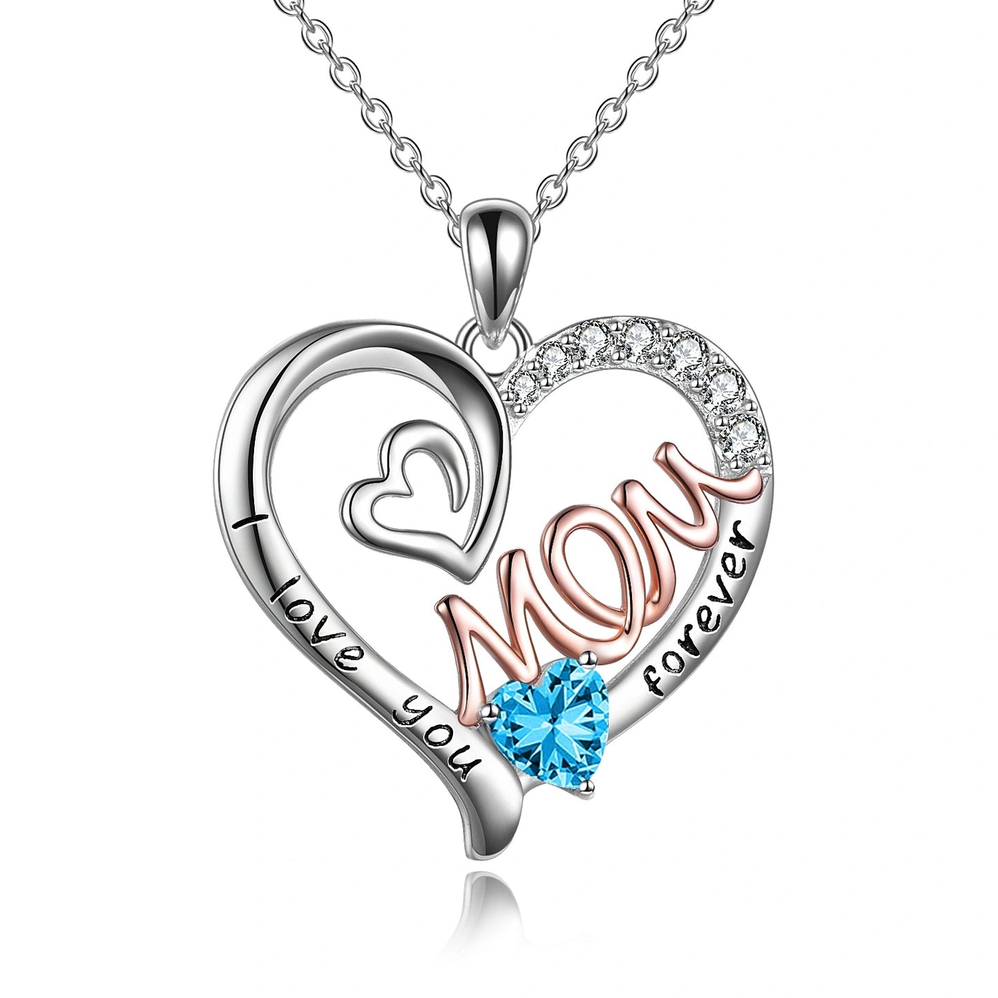 Flag Village Mom Necklace S925 Sterling Silver Heart CZ Pink Stone Love Mum Pendant Birthstone Jewelry for Women Mother Gifts