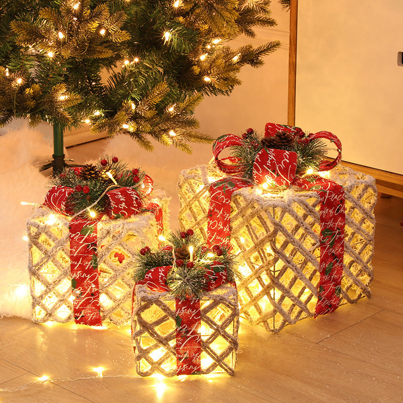 Flag Village Christmas Wrought Iron Gift Box Warm White Christmas Ornament Three-piece Set With Battery Box Holiday Light String Boxes
