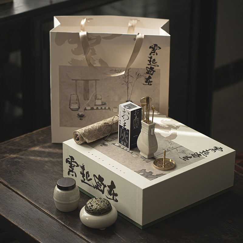 Flag Village Chinese Style Grass And Wood Gray Censer Set Incense Burner Pure Copper Gift Box Tea Ceremony Utensils Ceramic Incense Burner