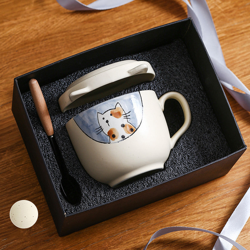 Flag Village Ceramic Cup With Lid Large Capacity, Spoon Set Gift Box