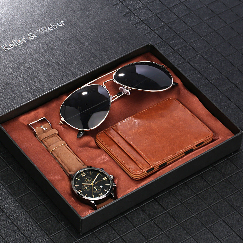 Flag Village New Men's Quartz Watch Set Glasses Wallet Gift Set Box