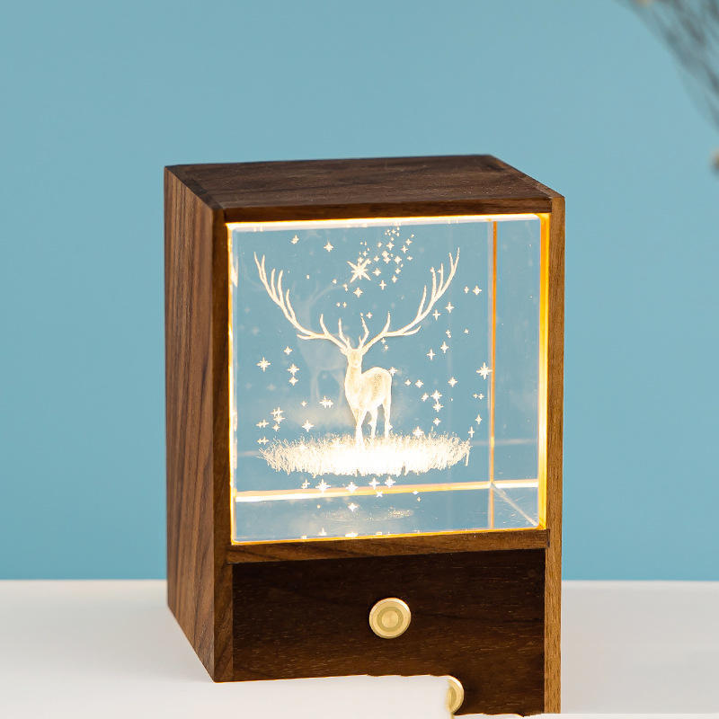 Flag Village Wooden Box Square Crystal Ball Elk Cloud Night Light Christmas Birthday Gift
