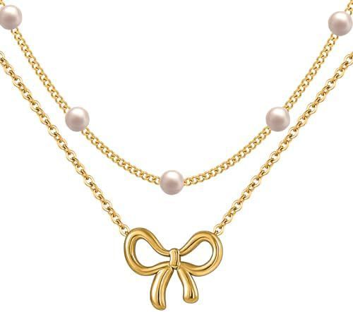 Flag Village Simple Pearl Double Layer Choker Fashion Gold Color Necklaces Chain Small Bow Pendant Necklace Jewelry Gifts For Women Fashion Jewelry Valentine's Day Gifts