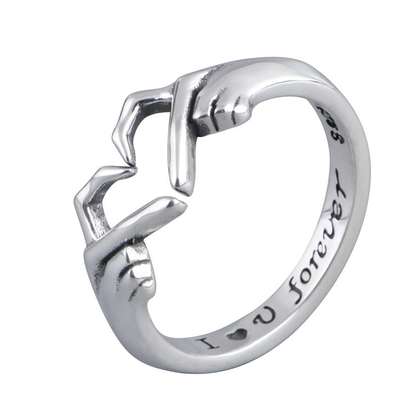Flag Village Romantic Heart Hand Hug Fashion Ring For Women Couple Jewelry Silver Color Punk Gesture Wedding Men Finger Accessories Gifts