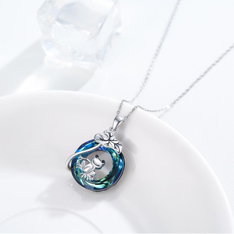 Flag Village 925 Sterling Silver Frog Lotus Leaf Necklace with Circle Crystal Pendant Cute Animal Jewelry Gifts
