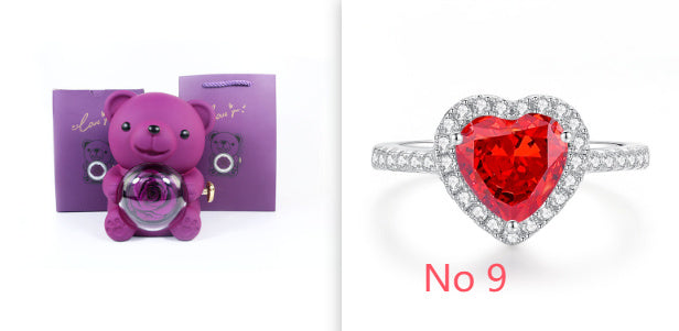 Flag Village Eternal Rose Teddy Bear Gifts Box With Necklace Rotate Rose Jewelry Box Valentine Wedding Storage Gift Case For Women Girlfriend