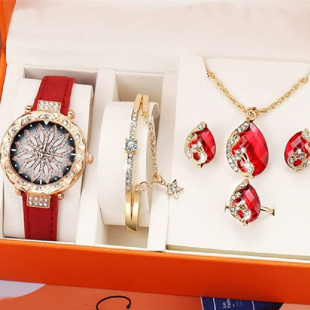 Flag Village Women's Suit Gift 5-piece Set Watch Bracelet Ring Necklace Earrings Combination Gift Box