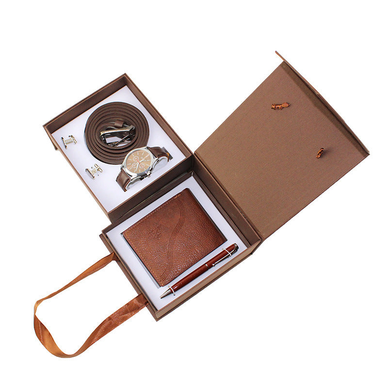 Flag Village Men's Creative Packed Gift Box Watches Set Quartz Wrist Watch Belt Wallet Cufflinks Pen Suit Mens Christmas Valentine's Gifts