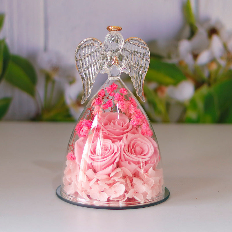 Flag Village Eternal Flower Gift Box Angel Glass Cover Dried Rose Gift Box For Christmas New Year Valentine's Day Home Decor