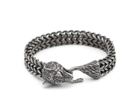 Flag Village Bracelet Men Stainless Steel Vintage Black Wolf Head Cuban Chain Hand Wristband Male Fashion Jewelry Wholesale Accessories Gifts