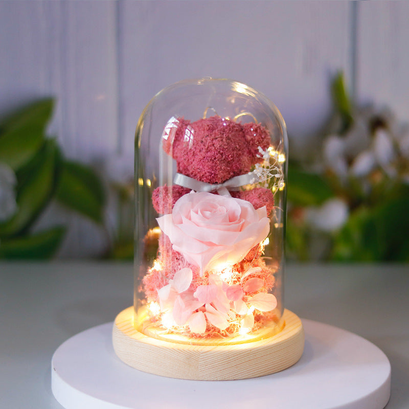 Flag Village Valentine's Day Gift For Girlfriend Eternal Preserved Rose Flower Gift Box Teddy Bear Eternal Flower With Lights Gift For Women Home Decor