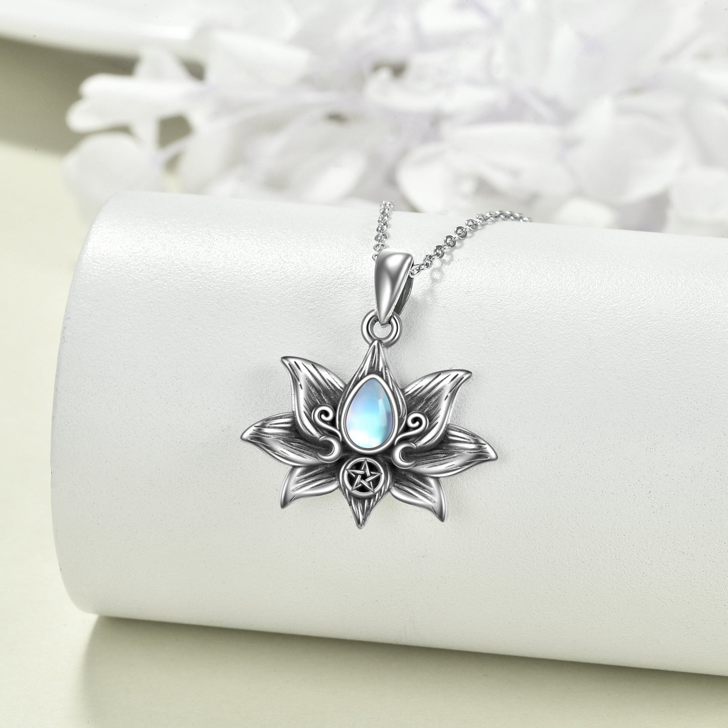 Flag Village Sterling Silver Moonstone Lotus Flower Pendant Necklace Jewelry Gifts for Women