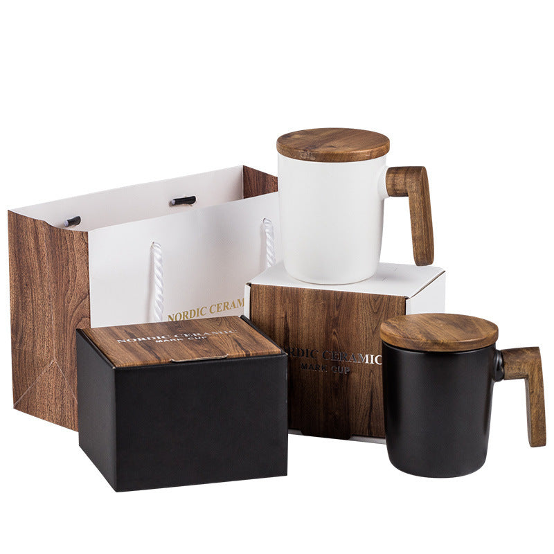 Flag Village Creative Office Nordic Mug Wooden Handle With Lid Couple Water Cup Gift Box Set Retro Ceramic Mug