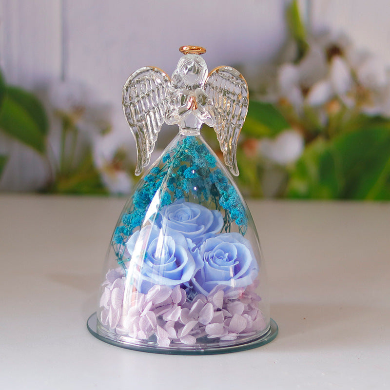 Flag Village Eternal Flower Gift Box Angel Glass Cover Dried Rose Gift Box For Christmas New Year Valentine's Day Home Decor