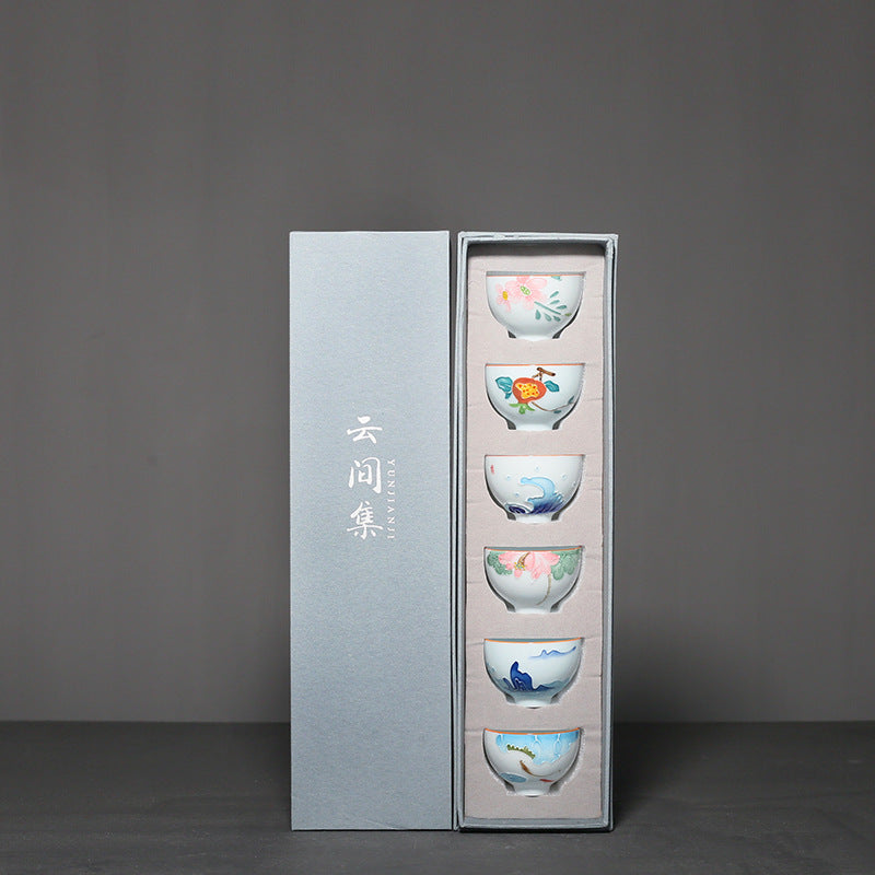 Flag Village Hand-painted Flower Kung Fu Tea Set Ceramic Household Tea Cup Gift Box