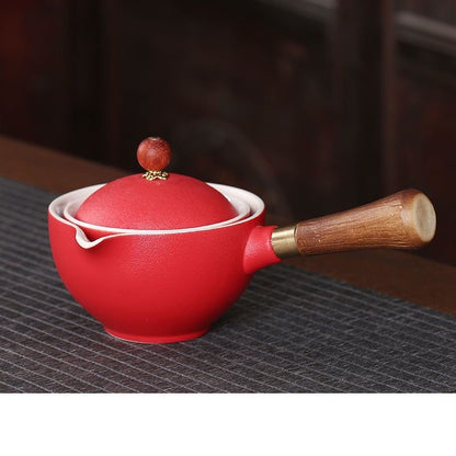 Flag Village Ceramic Teapot With Wooden Handle Side-handle Pot Household Kung Fu Oolong Filter Tea Maker Creative Black Pottery Teaware Gifts