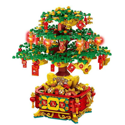Flag Village DIY Building Blocks Music Box Christmas Tree Model Desktop Decoration Ornaments Gift Box For Woman Kids Present New Year Gifts