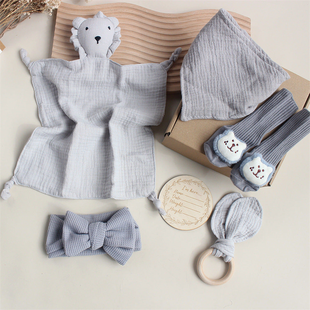 Flag Village Baby Rabbit Lion Appeasing Towel Socks Saliva Towel Wash Gift Box Newborn Bite Ring Hair Band Set