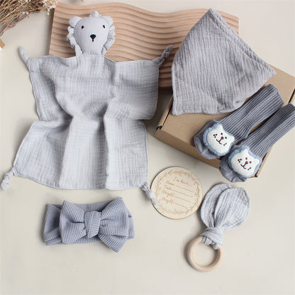 Flag Village Baby Rabbit Lion Appeasing Towel Socks Saliva Towel Wash Gift Box Newborn Bite Ring Hair Band Set