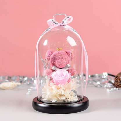 Flag Village Florist Gift Box Flowers Eternal Flower Glass Cover Bear Rose