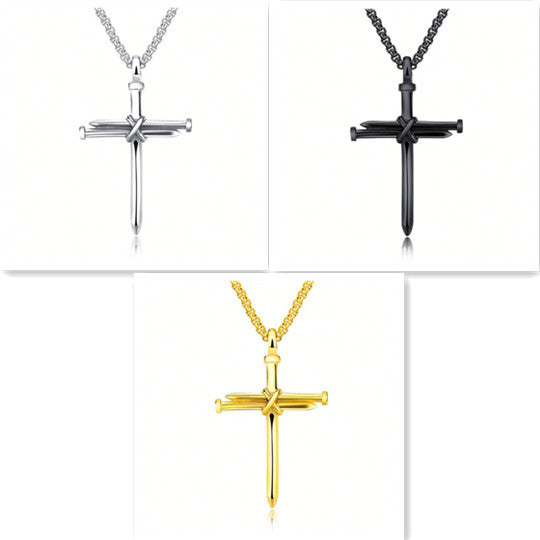 Flag Village Steel Gold Black Color Fashion Mens Iron Nail Cross Pendant Necklace Stainless Steel 3mm Round Box Chain Jewelry Gift For Men