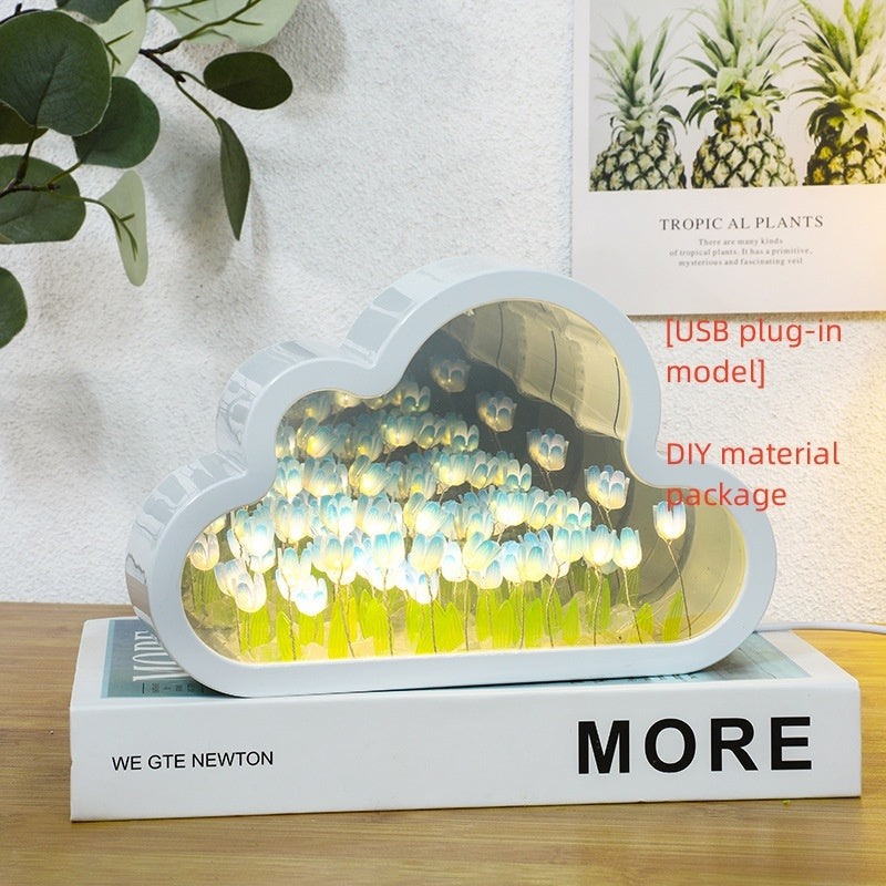 Flag Village Tulip Night Lamp DIY Material Cloud Tulips Night Lamp Decorative Mirrors Photo Frame LED Table Lights Korean Creative Desk Bedroom Handmade Birthday Gifts