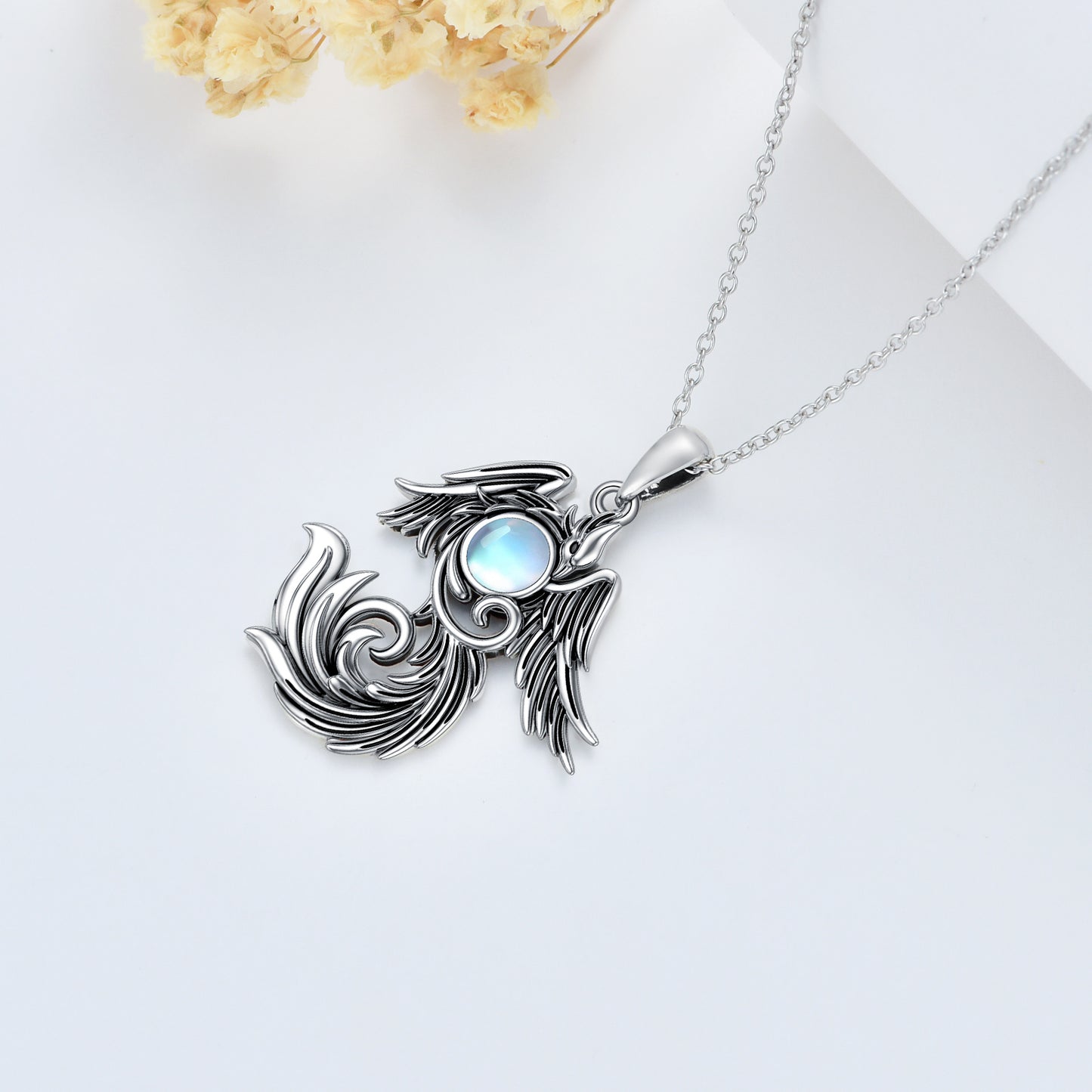 Flag Village Moonstone Phoenix Necklace 925 Sterling Silver as Gifts for Women and Men